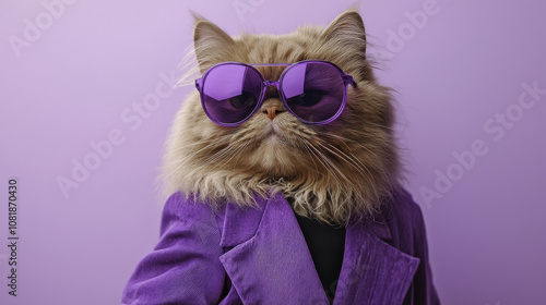 Cat wearing sunglasses : Stylish Persian cat wearing sunglasses and purple suit