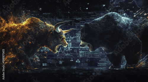 Bull and Bear Martket : fierce bull and bear face off in glowing stock market scene photo