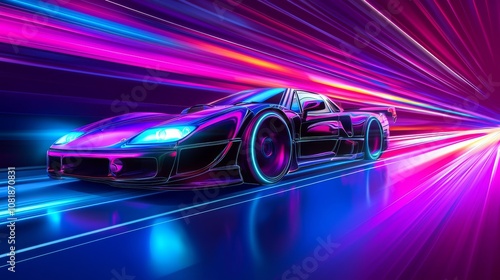 Illustration of a fast-moving sports car adorned with blue and red neon lights, indicating high speed.