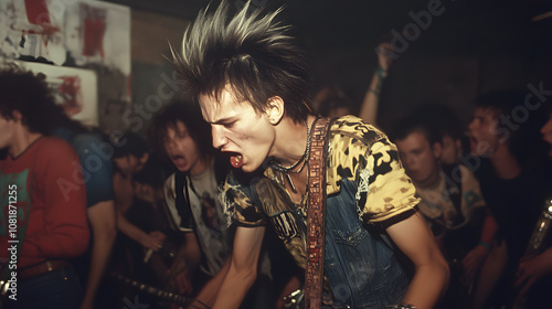 A punk rock concert in a 1980s underground club with mohawked youths moshing in front of the stage.