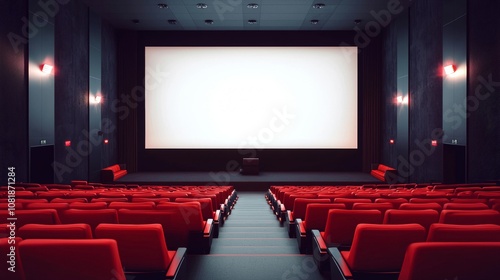 This 3D mockup shows a blank screen in a cinema, used as a concept for advertising.