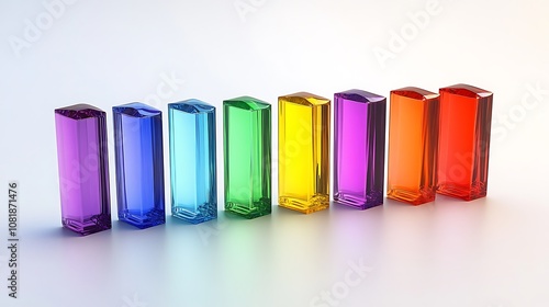 A simple arrangement of glass prisms casting a rainbow spectrum on a white background, vivid colors blending smoothly, sleek and minimal, sharp glass reflections, photorealistic style, cinematic hdr,