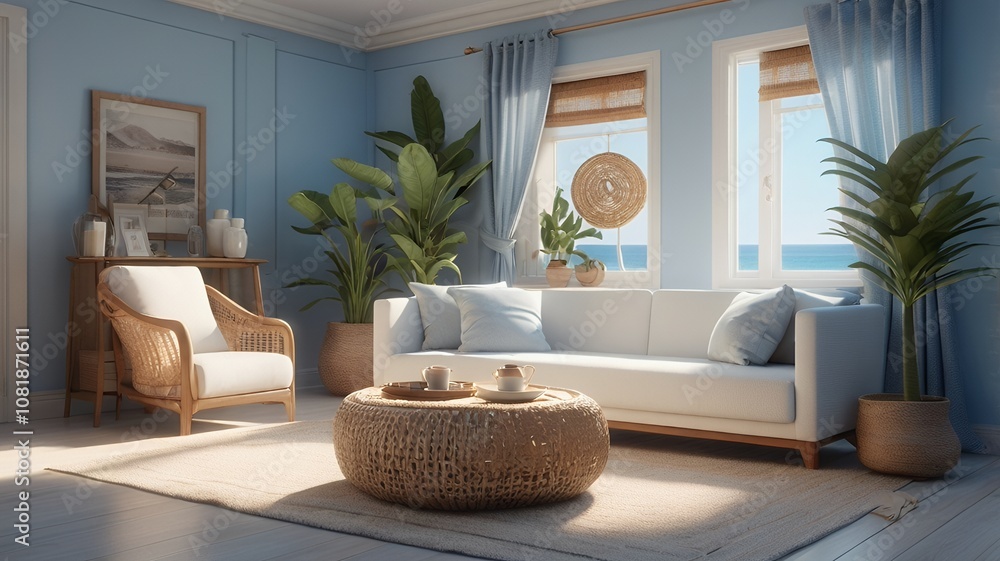 A Scandinavian-inspired living room with a sofa set and blank vertical frames with frames are placed on the sky blue wall 3d illustration image.. A Scandinavian-inspired living room with a sofa set and blank vertical frames with frames are placed on the sky blue wall 3d illustration image..