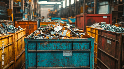 Industrial metal recycling bins filled with scrap materials in a large warehouse photo