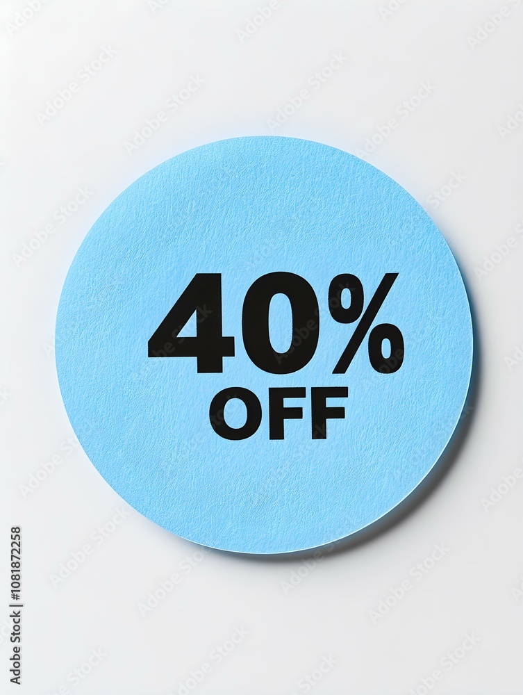 Black '40% OFF' Text on a Sky Blue Round Paper Note. White Background Black '40% OFF' Text on a Sky Blue Round Paper Note. White Background