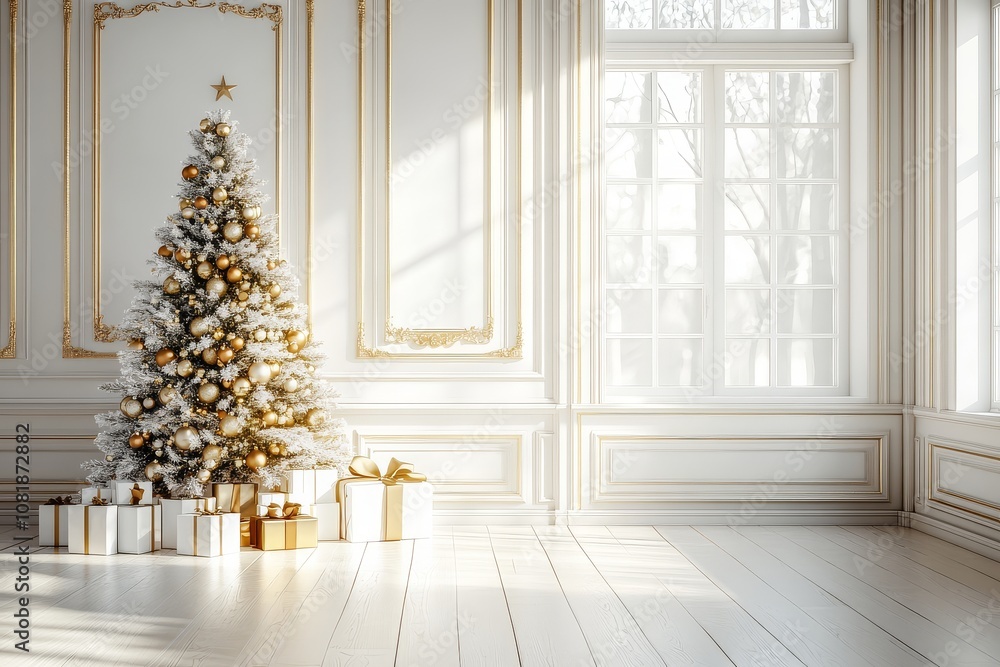 White room decorated for Christmas with a Christmas tree, presents, and wooden floor in a bright white and gold color palette, natural light, and sharp focus White room decorated for Christmas with a Christmas tree, presents, and wooden floor in a bright white and gold color palette, natural light, and sharp focus