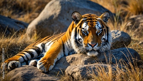 one tiger was lying on a rock