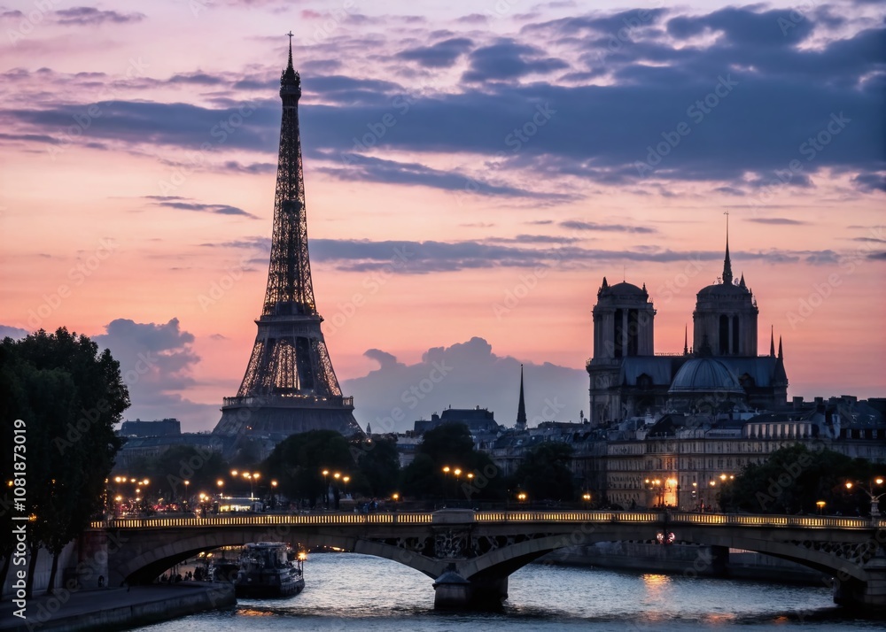 Naklejka premium Elegant Silhouette Photography Against a Stunning Parisian Background at Dusk with Iconic Landmarks, Capturing the Essence of Romance and Beauty in the City of Lights