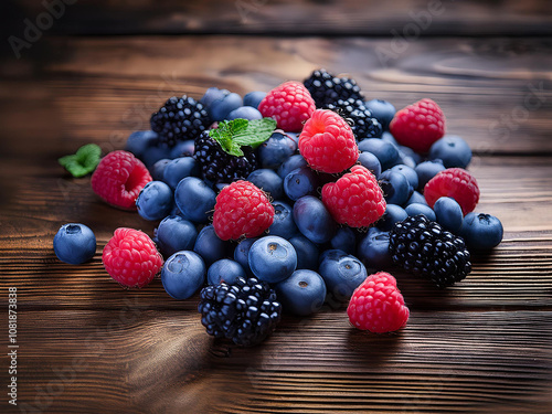 Frutos rojos y arándanos frescos sobre fondo rústico de madera