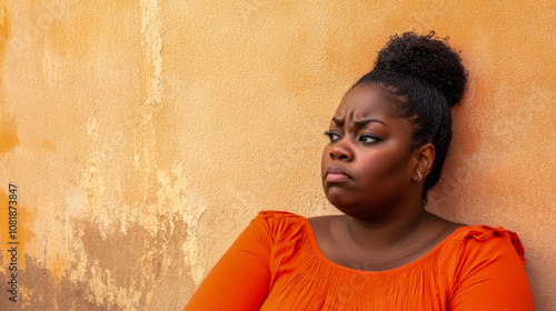 Pensive black woman in orange shirt leaning against a textured wall