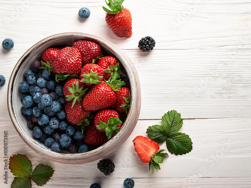 Tazón de fresas y arándanos frescos sobre fondo de madera clara