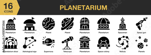 Planetarium solid icon set. Includes planetarium, nebula, planet, space, supernova, and More. Solid icons vector collection.