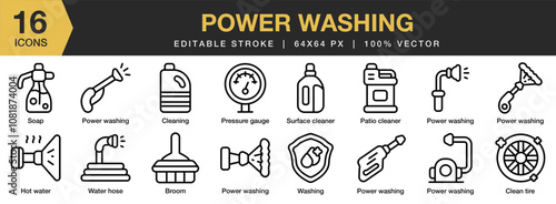 Power Washing icon set. Editable Stroke Icon Collection. Includes broom, clean tire, cleaning, hot water, and More. Outline icons vector collection.
