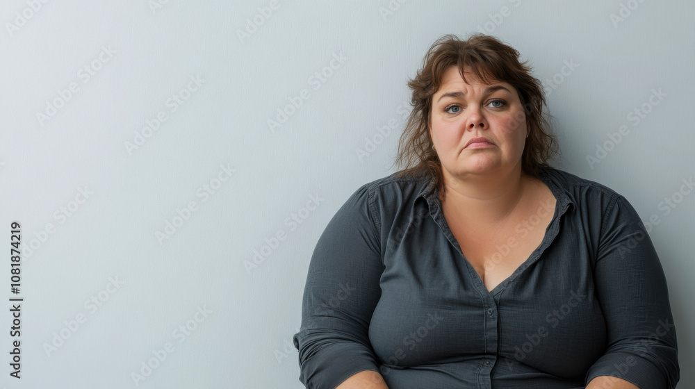 Pensive white woman in blue blouse sitting against white wall indoors Pensive white woman in blue blouse sitting against white wall indoors