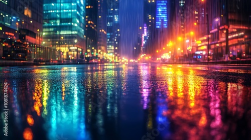 Wallpaper Mural Abstract scene of rainbow light trails streaming through a dark city street, vibrant colors blending into the night, reflections on rain-soaked asphalt, glowing buildings, dynamic and surreal, Torontodigital.ca