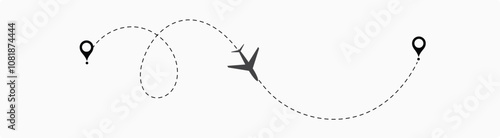  plane flight route. Airplane travel concept, symbol on isolated background.