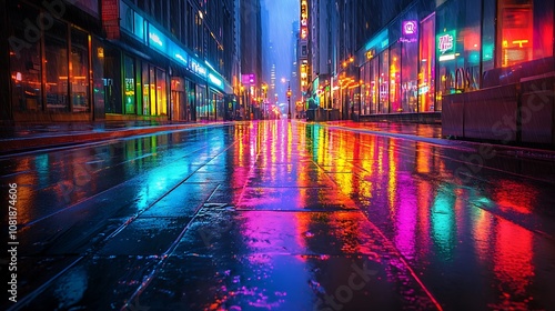 Wallpaper Mural Abstract scene of rainbow light trails streaming through a dark city street, vibrant colors blending into the night, reflections on rain-soaked asphalt, glowing buildings, dynamic and surreal, Torontodigital.ca