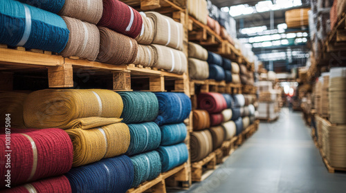 Rows of colorful fabric rolls on shelves in warehouse