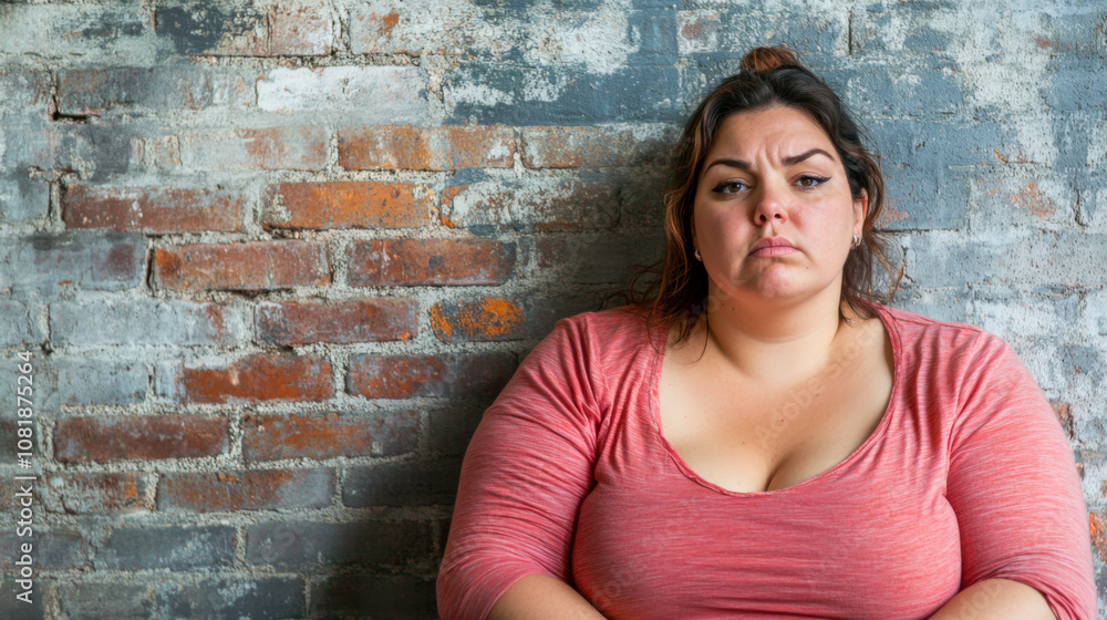Sad hispanic woman in a pink shirt sitting against a rustic brick wall Sad hispanic woman in a pink shirt sitting against a rustic brick wall