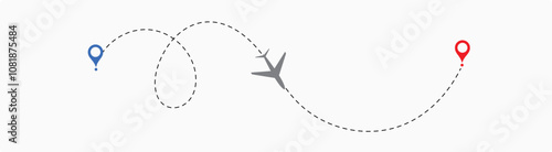  plane flight route. Airplane travel concept, symbol on isolated background.