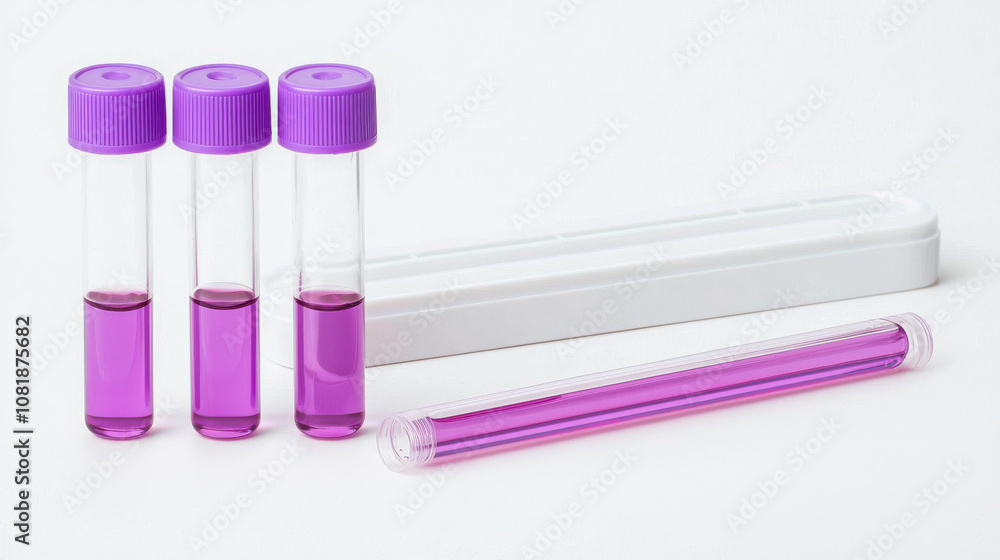 Three purple capped test tubes filled with pink liquid are arranged next to white tray, showcasing laboratory setting Three purple capped test tubes filled with pink liquid are arranged next to white tray, showcasing laboratory setting