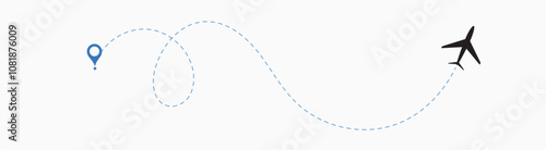  plane flight route. Airplane travel concept, symbol on isolated background.