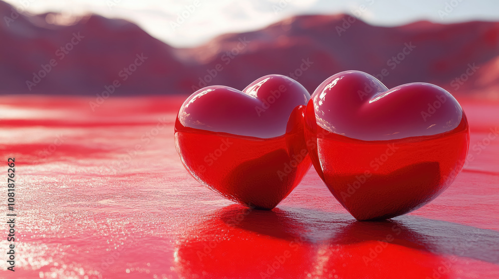 Fototapeta premium glossy red heart on ruby ​​background, hearts, valentines day, copy space, postcard, valentine, glass shiny heart figurine, february 14, love, romance