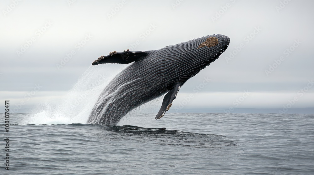 Fototapeta premium Humpback Whale Breaching with Barnacles on its Head