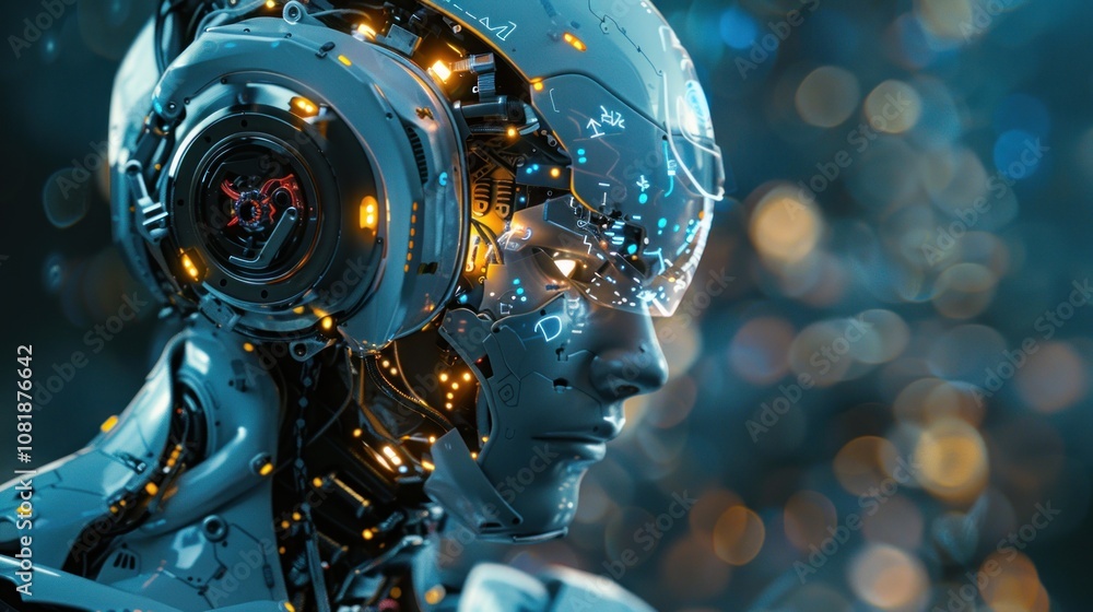 A close-up of a futuristic robot's head with glowing lights and intricate mechanics. A close-up of a futuristic robot's head with glowing lights and intricate mechanics.