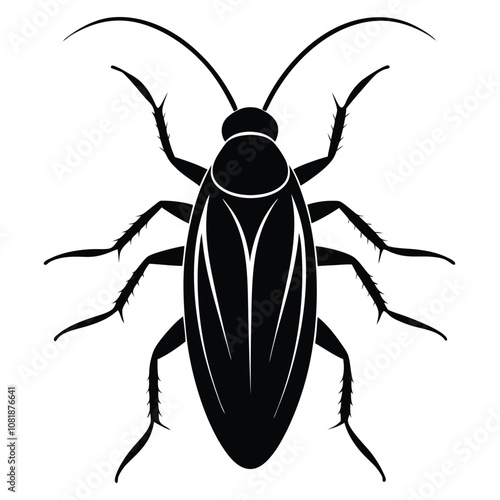 A sleek cockroach silhouette with long, slender antennae, six spindly legs, and a slightly curved body. It exudes simplicity, emphasizing the iconic shape and distinct profile.