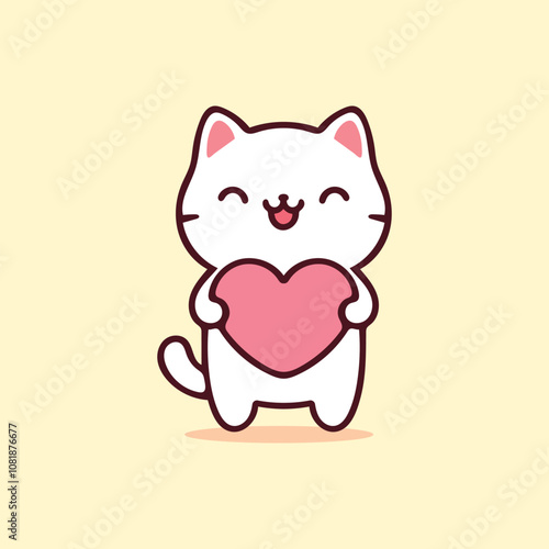 Cute cat with heart in cartoon vector illustration