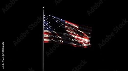 A majestic American flag waving gracefully against a dark backdrop, symbolizing freedom and unity.