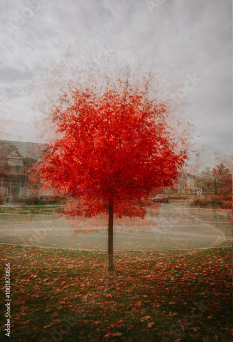 Abstract painterly red maple tree on side of road on fall day. photo