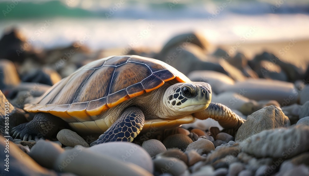 Obraz premium turtle is hiding under the stones on the black coast