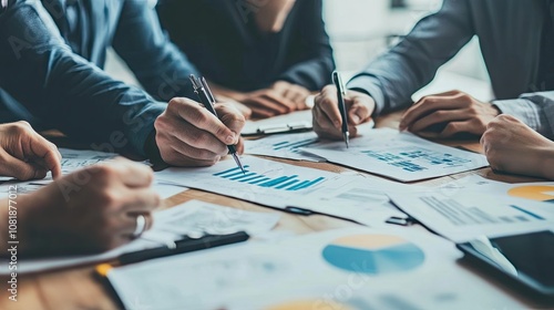 Diverse group of professionals collaborating on project analysis with various graphs and charts on a wooden table.