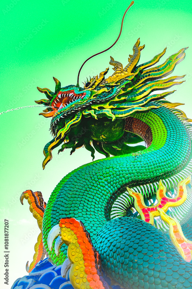 Dragon Series : Green dragon statue against the backdrop of sky Dragon Series : Green dragon statue against the backdrop of sky