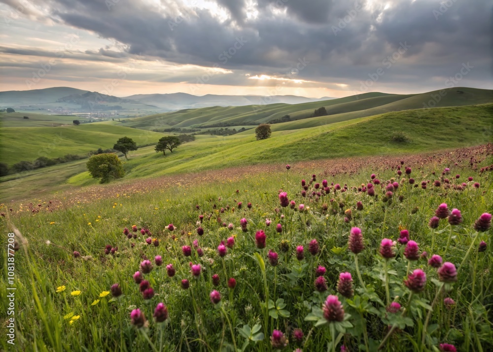 Enchanting Landscape Featuring Black Leaf Clover in a Serene Meadow with Gentle Hills and Soft Cloudy Sky, Perfect for Nature Lovers and Botanical Enthusiasts Enchanting Landscape Featuring Black Leaf Clover in a Serene Meadow with Gentle Hills and Soft Cloudy Sky, Perfect for Nature Lovers and Botanical Enthusiasts