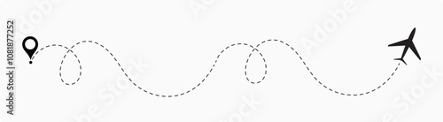  plane flight route. Airplane travel concept, symbol on isolated background.