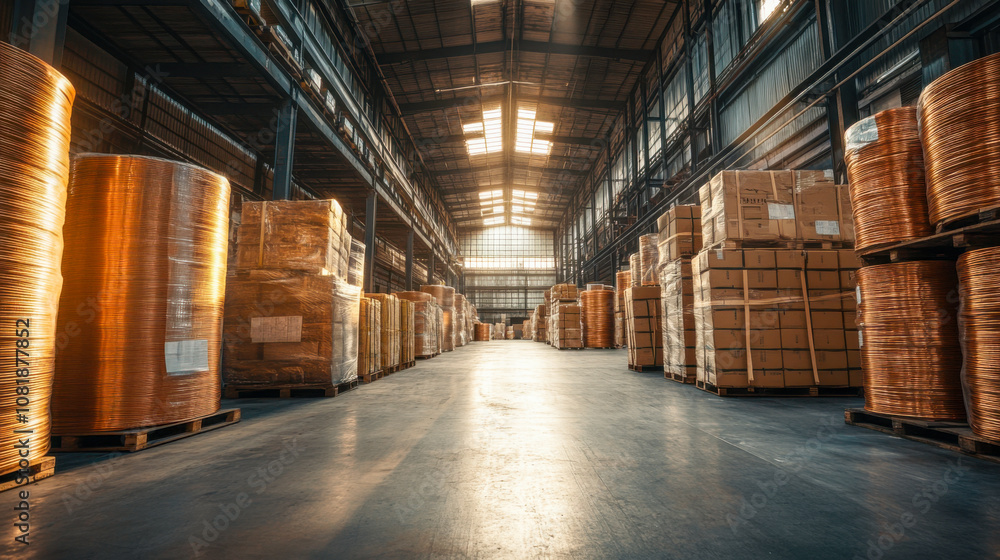 Sunlit warehouse interior with stacked pallets and wrapped packages on shelves Sunlit warehouse interior with stacked pallets and wrapped packages on shelves