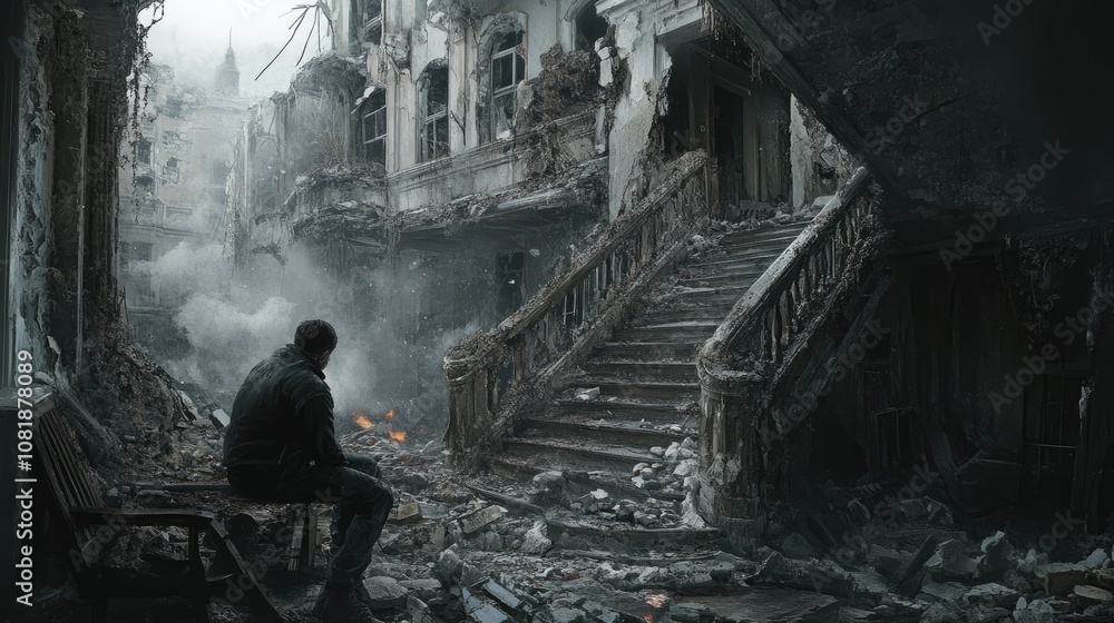A lone man sits amidst the ruins of a decaying building, reflecting on the aftermath of destruction. A lone man sits amidst the ruins of a decaying building, reflecting on the aftermath of destruction.