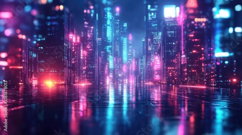 Dramatic view of a futuristic cityscape at night, showcasing vibrant neon lights and reflective surfaces.