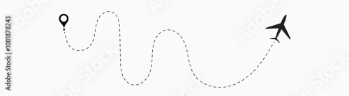  plane flight route. Airplane travel concept, symbol on isolated background.