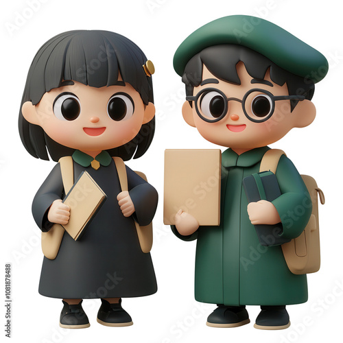 Two cute cartoon characters, a boy and a girl, dressed as students, holding books and notebooks, showcasing friendship and learning. isolate on white backgroundd photo