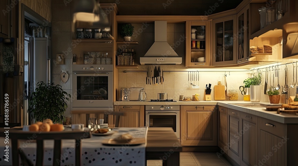 Cozy kitchen interior with wooden cabinetry and warm lighting, featuring a table set for breakfast. Cozy kitchen interior with wooden cabinetry and warm lighting, featuring a table set for breakfast.