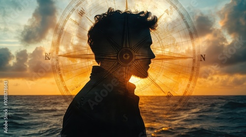 decision making, close up, focus on, copy space, vivid colors, double exposure silhouette with compass and road signs