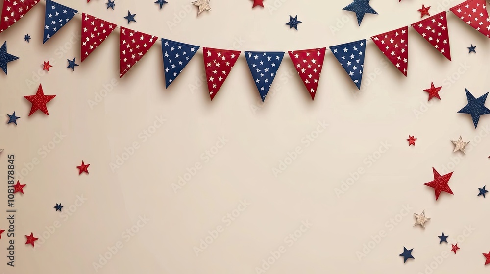 Obraz premium Colorful festive garland with red, white, and blue bunting and stars, perfect for patriotic celebrations.