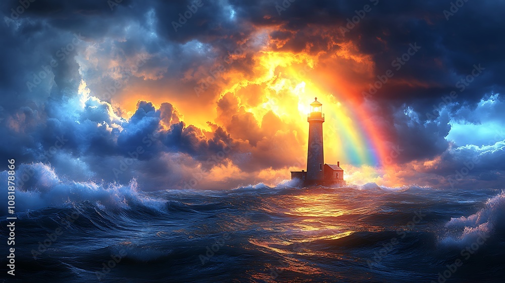 Fototapeta premium Lighthouse illuminated by a rainbow emerging behind dark storm clouds, churning sea below, vibrant rainbow hues contrasting against the dark sky, moody and atmospheric, photorealistic quality,