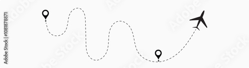  plane flight route. Airplane travel concept, symbol on isolated background.