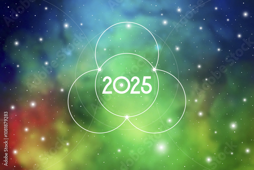 Sacred geometry New Year 2025 festive greeting card. Esoteric Holiday design on cosmic background for spirituality related event or calendar