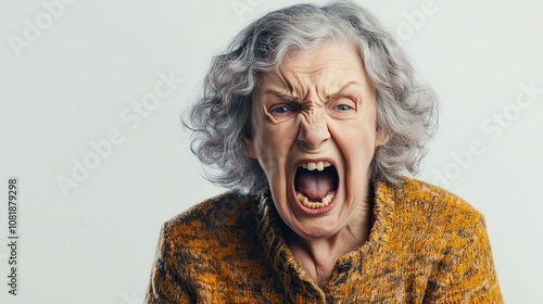 Portrait of an angry screaming old woman, on grey background